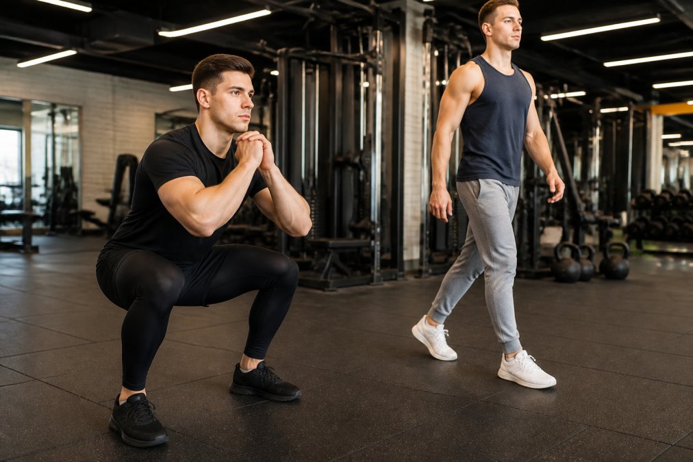 Two athletes in a modern gym setting, one wearing black high-compression leggings demonstrating a squat position, another in tapered grey joggers during a warm-up walk, showing the visual contrast in fit and silhouette under bright studio lighting