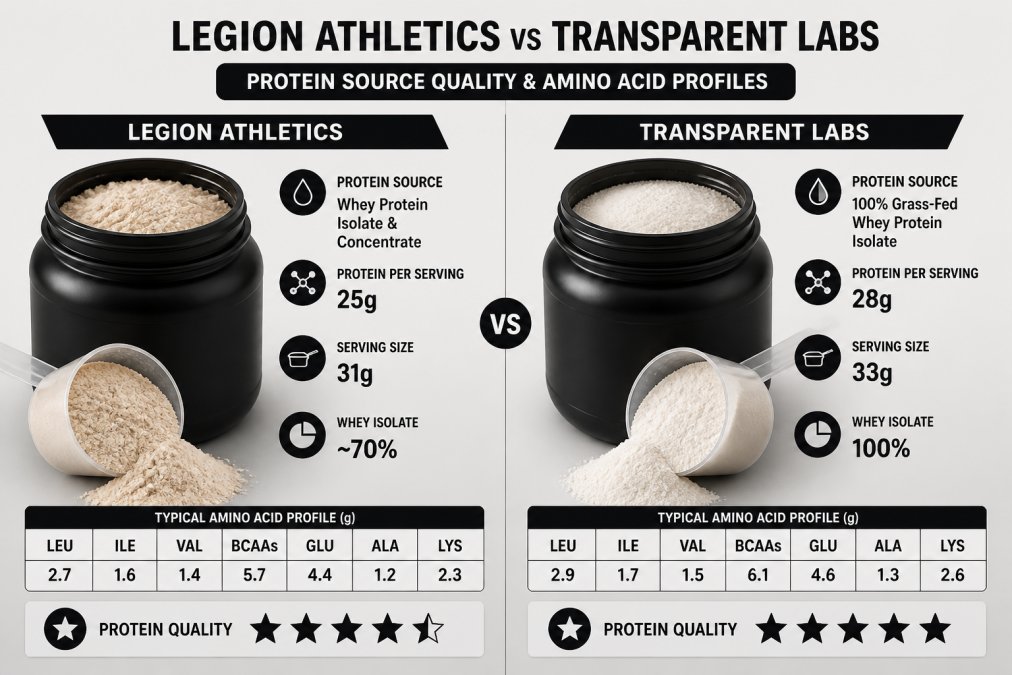 Close-up of two protein powder containers side-by-side with scoops, showing texture and color differences in natural lighting