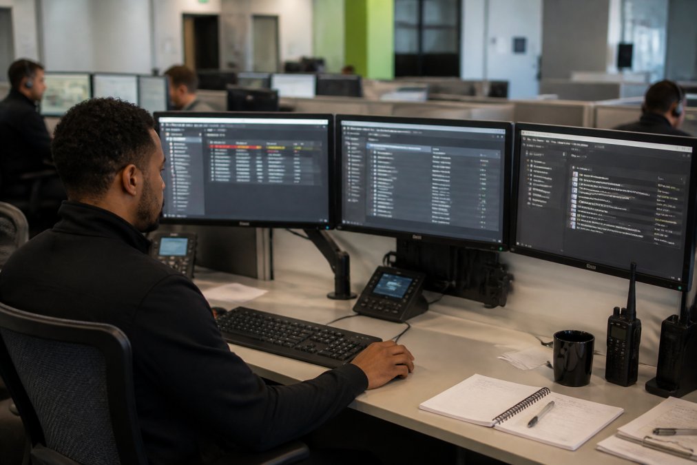 Security analyst working at a desk with incident response workflows displayed on multiple monitors, examining alerts and documentation in a modern operations centre with soft overhead lighting