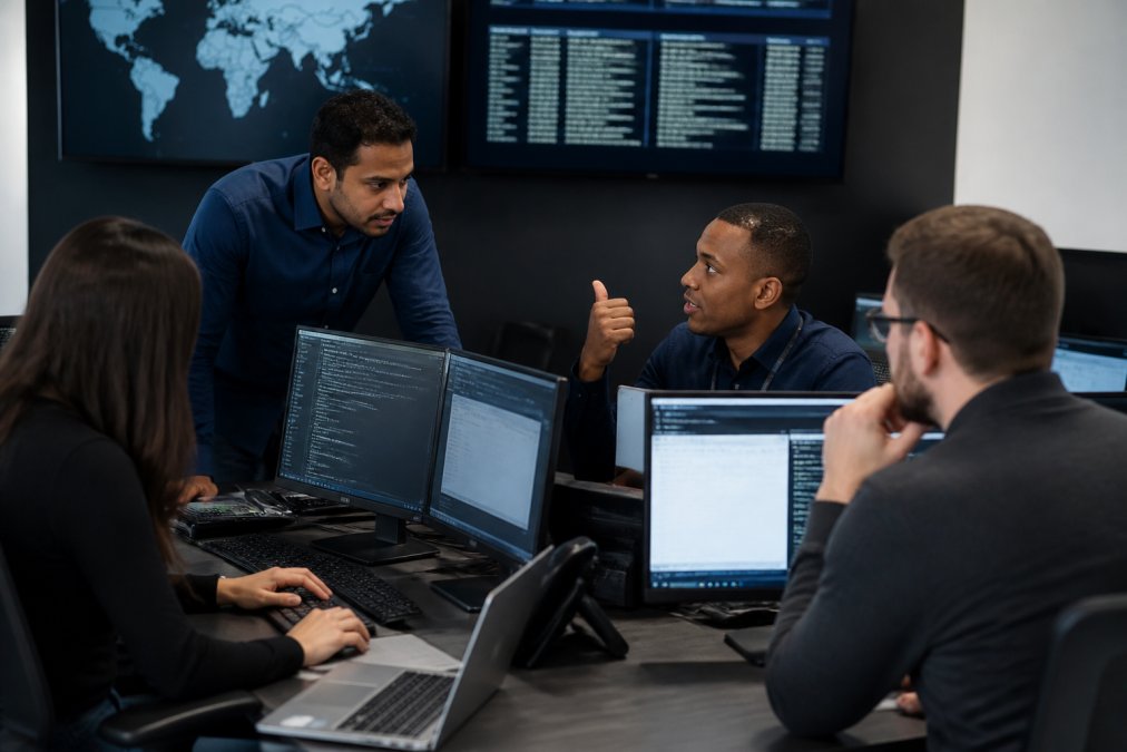 Security operations team collaborating around a desk with security dashboards displayed on large wall-mounted screens, reviewing threat intelligence and incident response procedures in a professional SOC environment