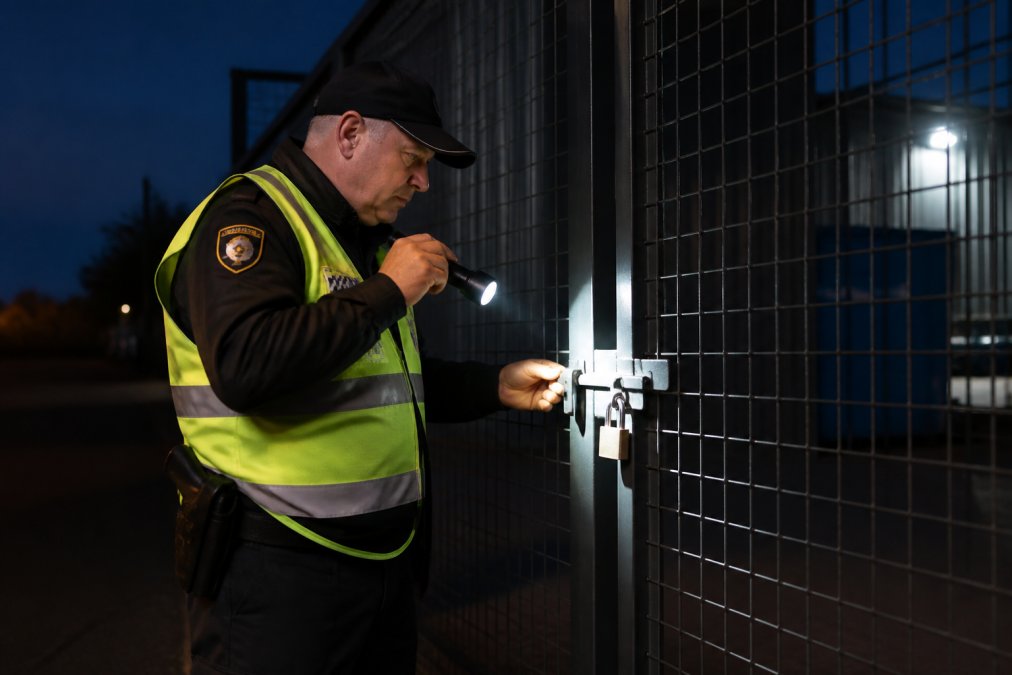 Licensed security officer in uniform conducting evening site patrol, checking access points and perimeter gates with flashlight, professional demeanor and high-visibility clothing