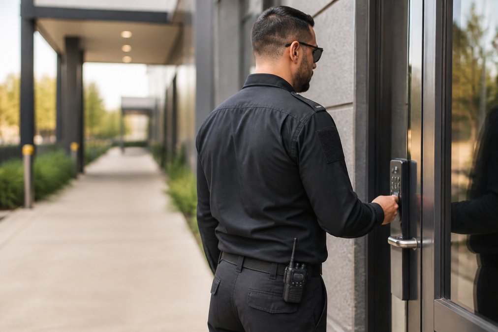 Licensed security guard in professional uniform conducting professional site patrol at commercial property, with secure entry points and access control systems visible in background, daytime lighting