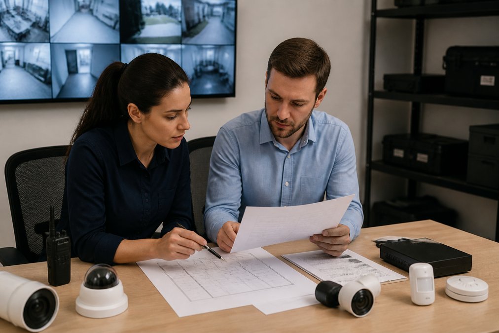 Security professional and business manager reviewing site plans and risk assessment documentation at desk with CCTV monitors and security equipment visible, professional office lighting