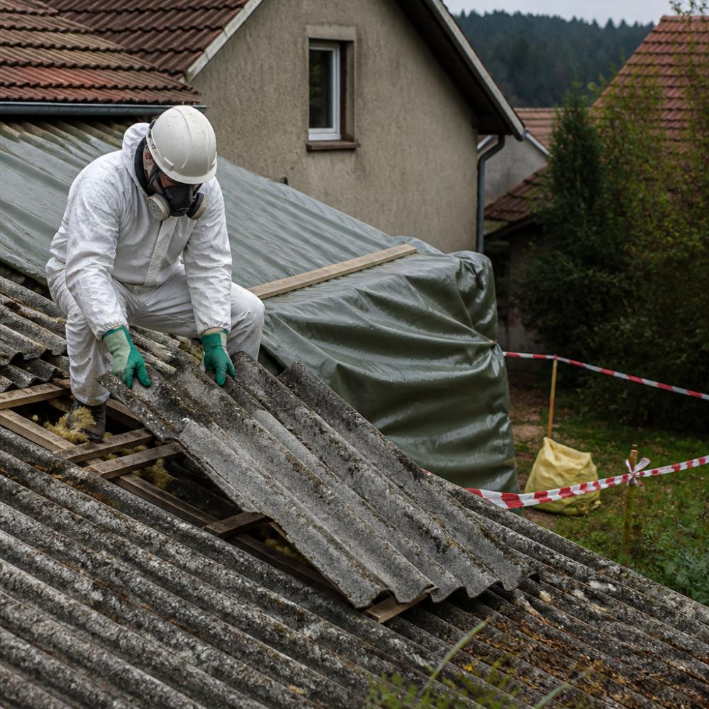 Stavební dělník v ochranném obleku, respirátoru a rukavicích při práci s azbestovou krytinou na střeše staršího rodinného domu, zakrytá plachta a označení nebezpečné zóny v pozadí