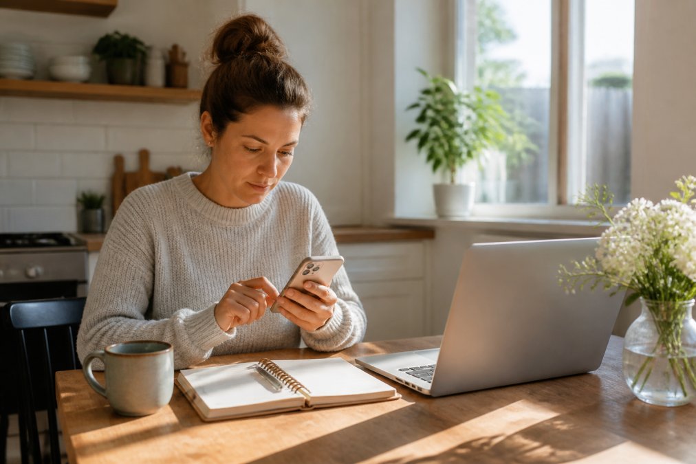 Mom working on smartphone at kitchen table with coffee, laptop, and planner visible, natural morning light streaming through a window