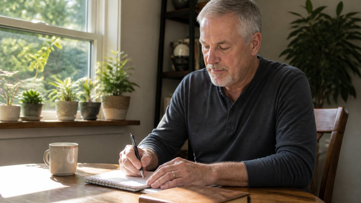 A retiree in their late fifties working comfortably at a home desk with a laptop, notebook, and cup of coffee, morning light through a window, calm and focused expression