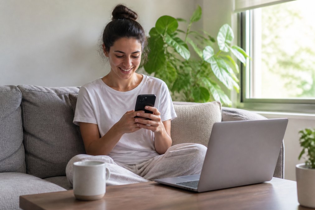 A woman in comfortable home clothes sitting on a couch, smiling while looking at her smartphone, with a laptop and coffee mug on the table beside her, bright natural light from a window