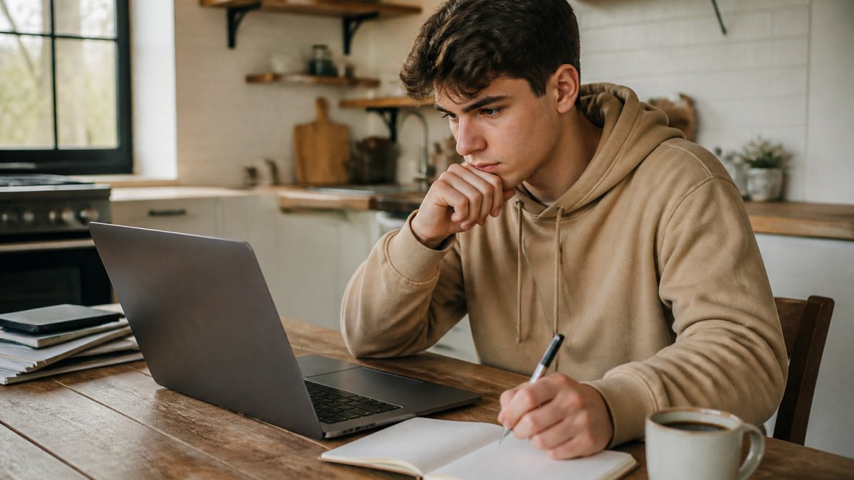 Checklist showing the step-by-step process to safely earn online while working from a home kitchen table.