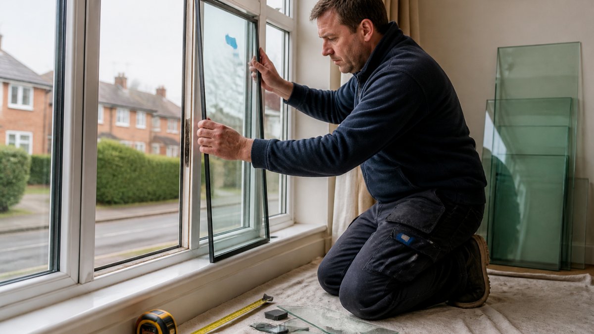A glazier in work clothes carefully measuring a double-glazed sealed unit against a window frame in a residential home, with glass offcuts and a tape measure visible nearby