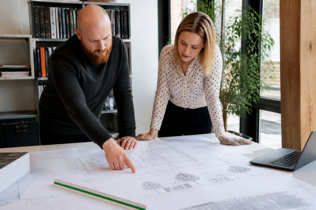 An architect and client reviewing large-format floor plans and elevation drawings across a table in a bright studio, with a laptop and scale ruler visible