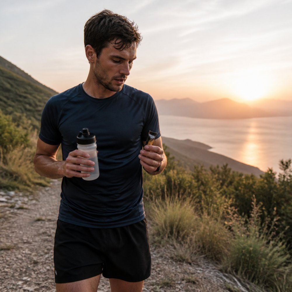 Läufer während eines langen Trainings mit Trinkflasche und Energiegels in der Hand, natürliche Outdoor-Umgebung, aktive Bewegung