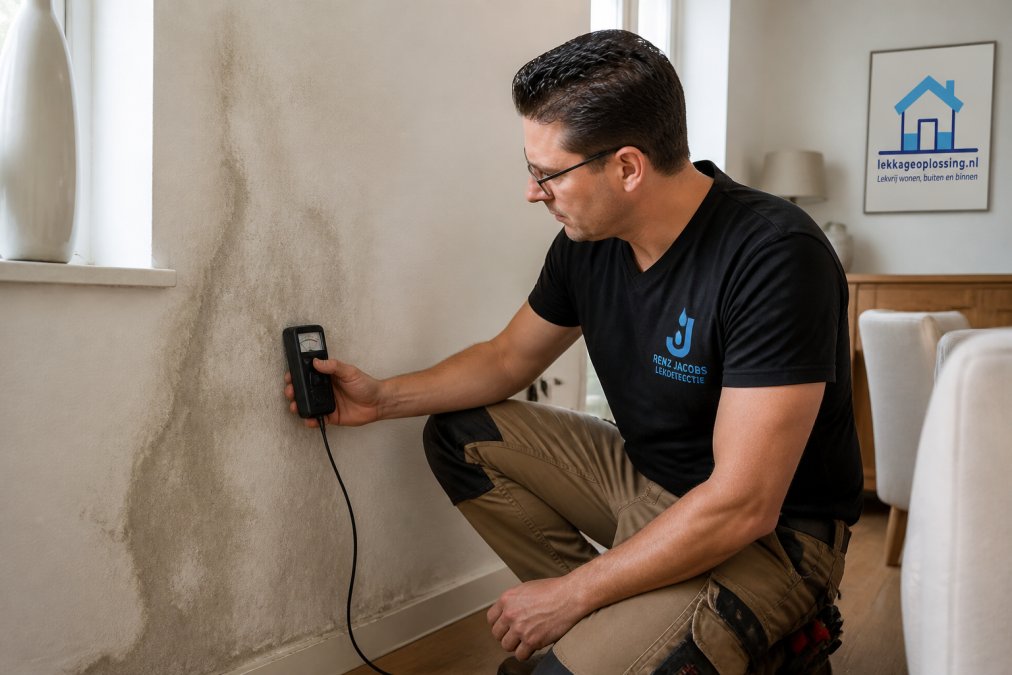 Huiseigenaar onderzoekt vochtplekken op een muur met een vochtmeter als een van de lekdetectie expert alternatieven in de