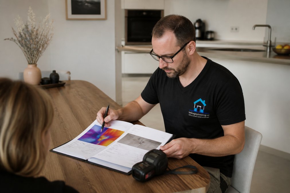 Professioneel lekdetectierapport met thermografische beelden naast verzekeringsdocumenten als lekdetectie expert