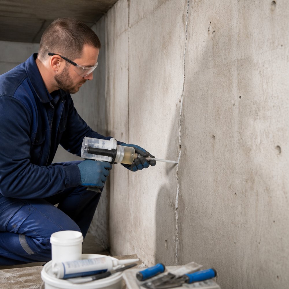 Vakman gebruikt een injectiepistool om een kelder muur te repareren met epoxyhars bij een betonnen scheur.