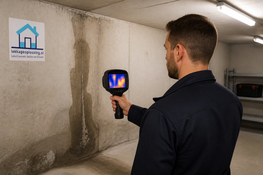 Technicus gebruikt infraroodcamera voor lekkage kelder opsporen bij een vochtige betonnen muur in een kelderruimte.