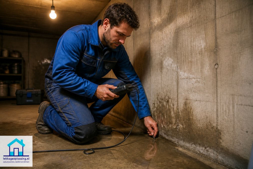 Specialist in blauwe werkkleding helpt bij lekkage kelder opsporen met meetapparatuur op een natte betonnen vloer.