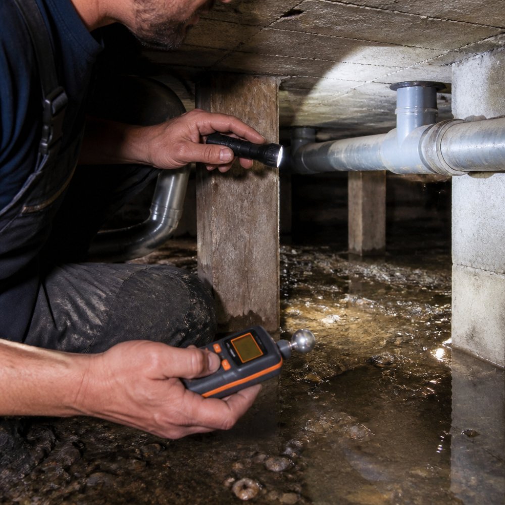 Een huiseigenaar in werkbroek en met een zaklamp inspecteert voorzichtig een vochtige kruipruimte met zichtbare leidingen en een betonnen vloer, terwijl hij een vochtmeter vasthoudt