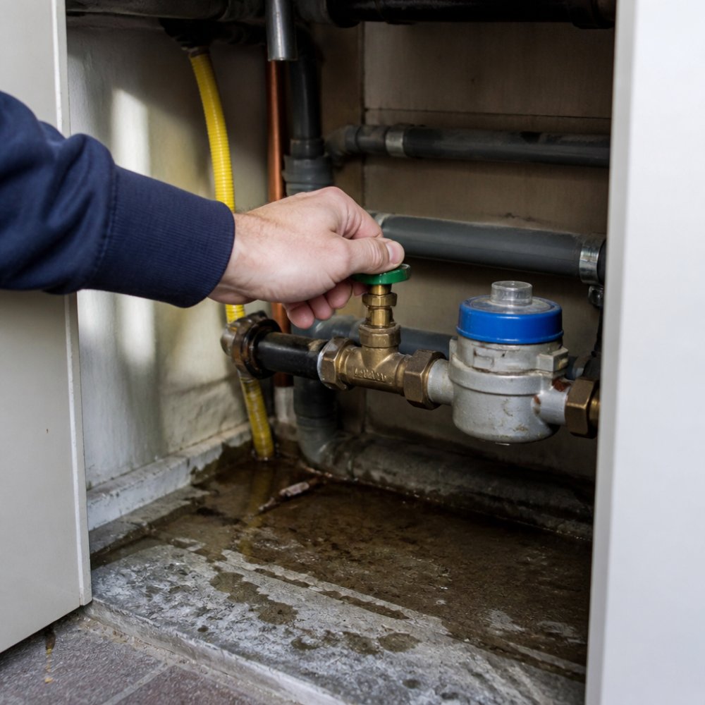 Close-up van een hand die voorzichtig de hoofdkraan van een waterleiding dichtdraait in een Nederlandse meterkast, met zichtbare leidingen en een vochtige vloer