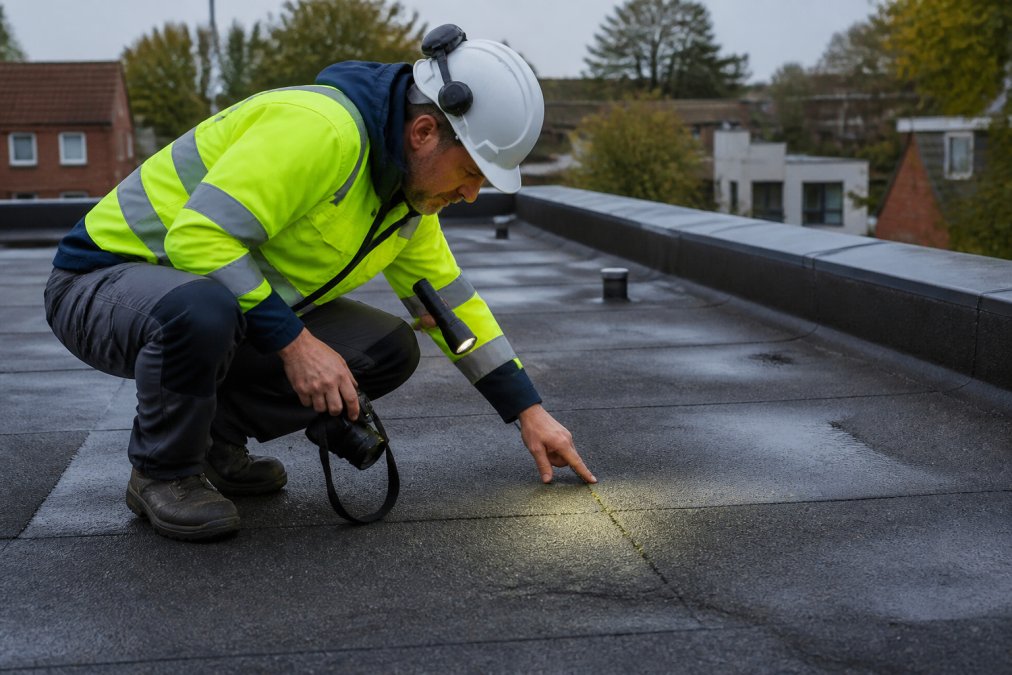 Huiseigenaar in veiligheidsuitrusting voert voorzichtige inspectie uit op plat dak, buigt zich over naden en scheuren in bitumen, met zaklamp en camera in hand
