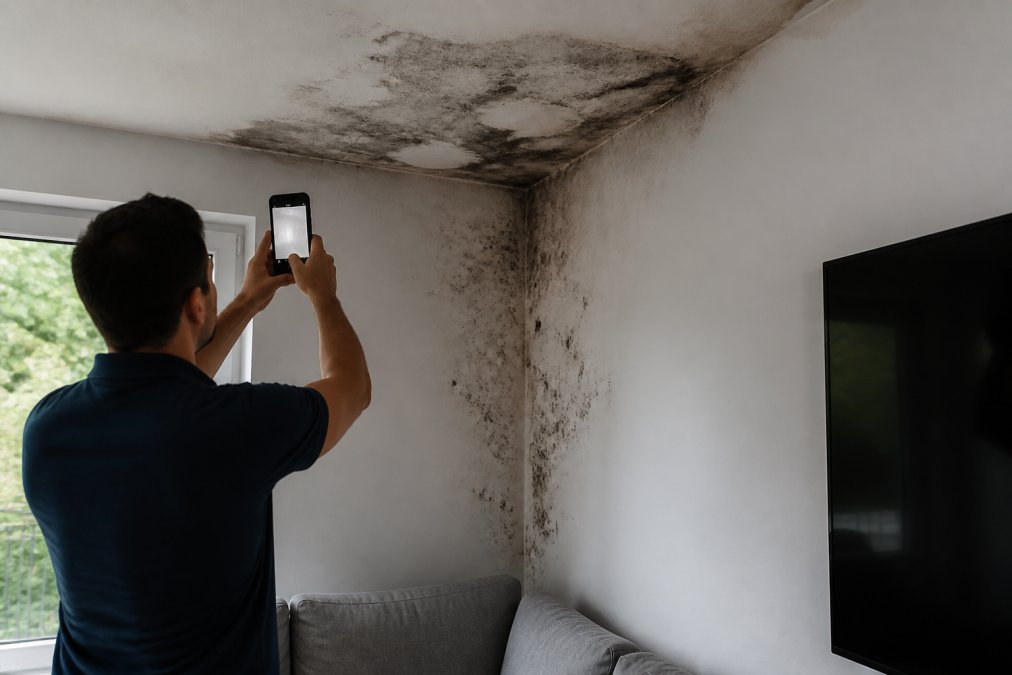 Duidelijk zichtbare vochtplekken en zwarte schimmelvorming op plafond en muurhoek in woonkamer, met fotodocumentatie en notities voor verzekeringsclaim
