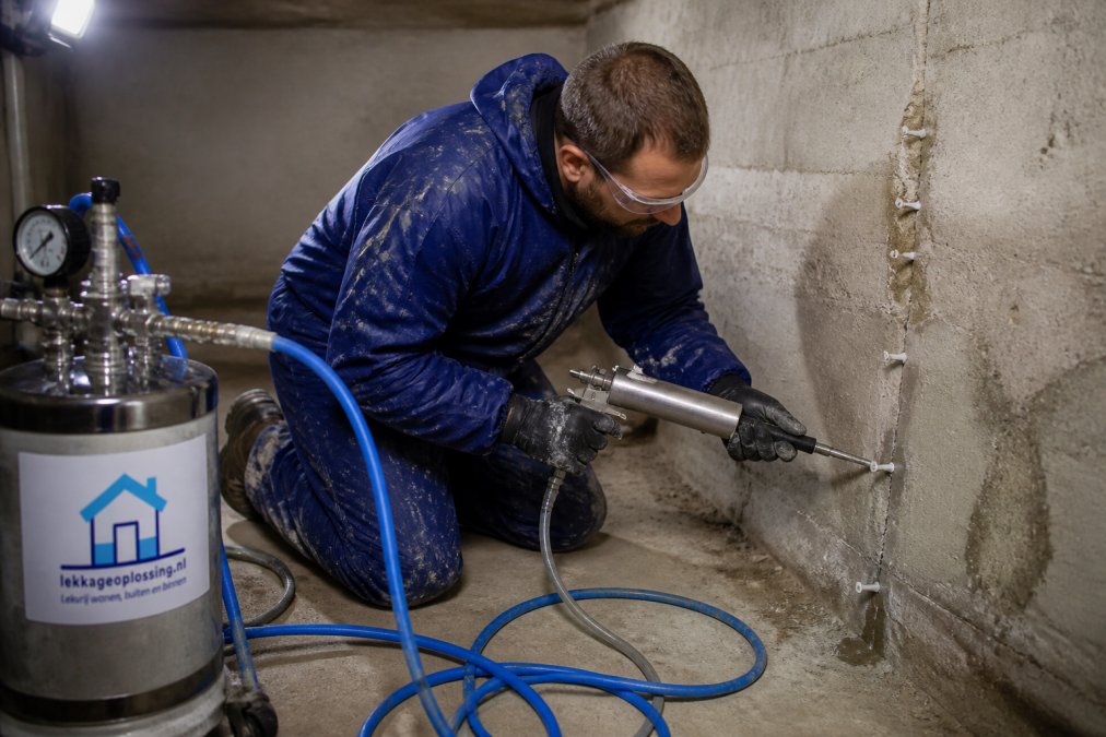 Close-up van een vakman in beschermende kleding die een professionele injectiepomp gebruikt om een scheur in een betonnen kelderwand te vullen, met zichtbare slangen en gereedschap op de voorgrond, werkverlichting verlicht de ruimte