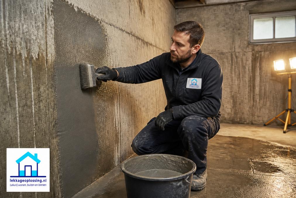 Vakman in werkkleding die met een brede kwast waterdichte mortel aanbrengt op een vochtige betonnen kelderwand van binnenuit, emmer met mortel op de voorgrond, kale betonnen kelder met werkverlichting