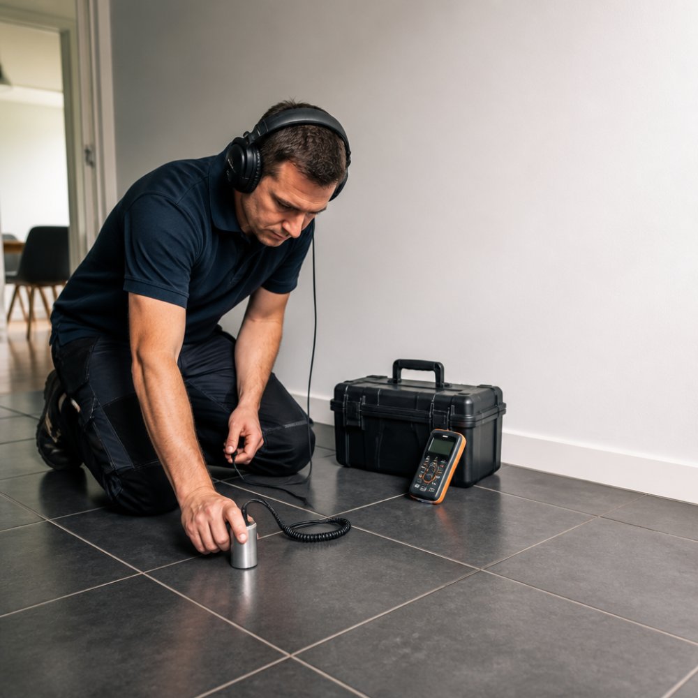 A leak detection specialist kneeling on a tiled floor in a Dutch home, holding an acoustic listening device against the floor while wearing headphones, with a toolbox and moisture meter beside him