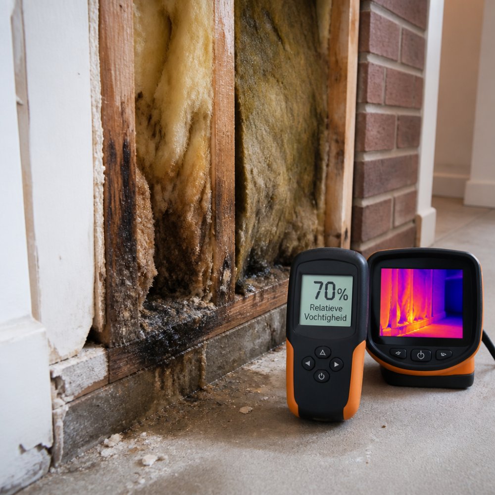 Dwarsdoorsnede van een vochtbeschadigde muurconstructie met zichtbare vochtindringing in isolatiemateriaal, hygrometer aangevend 70%+ relatieve vochtigheid, en thermische afbeelding ernaast die warmteverlies toont