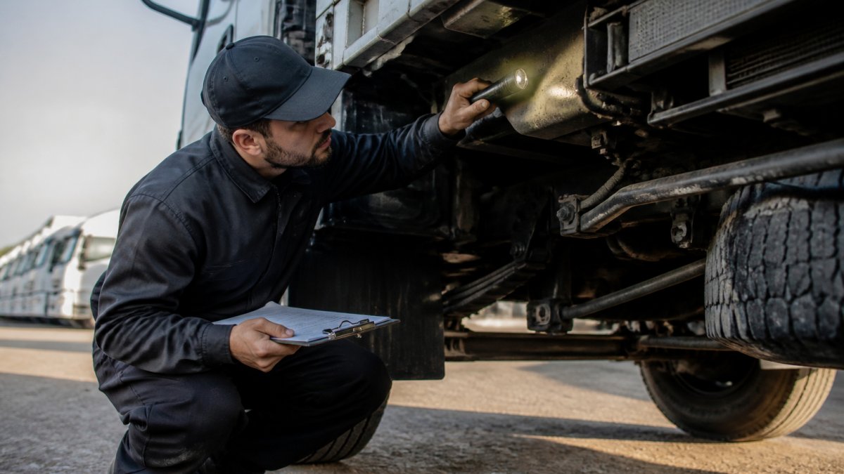LemonSquad Alternatives for Fleet Managers Professional automotive technician performing pre-purchase inspection on commercial truck, using diagnostic tools and clipboard to check undercarriage and mechanical components at outdoor lot, natural daylight