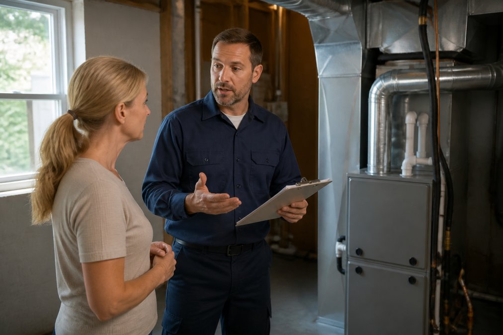 Homeowner having a detailed conversation with a licensed HVAC technician holding a clipboard while discussing system options and maintenance needs in a home's utility room with natural lighting