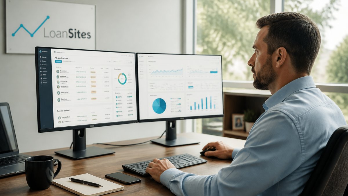 Loan officer using mortgage website features on a CRM dashboard at a desk