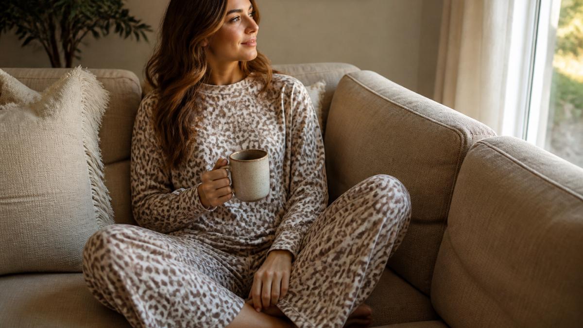 Woman relaxing on a beige sofa wearing a leopard print lounge set with a mug