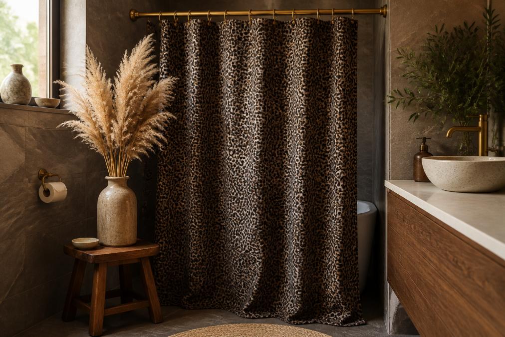 Leopard print shower curtain with gold hooks in a sunlit bathroom featuring a wooden stool and dried pampas grass.