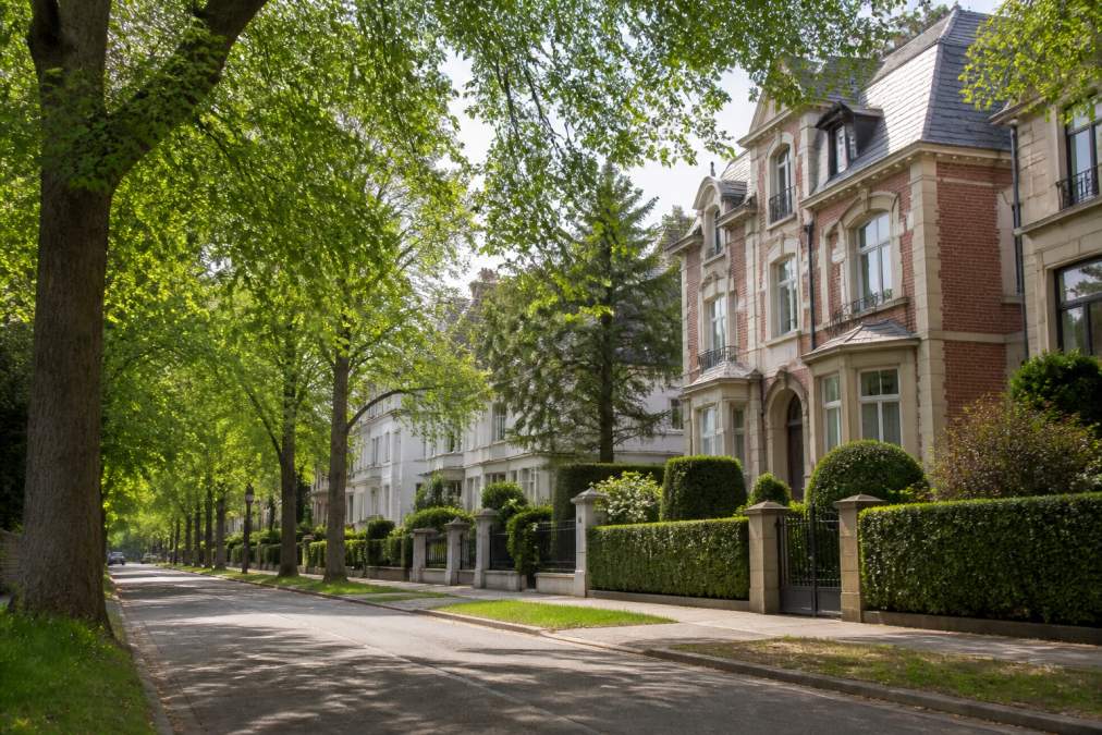 Peaceful residential street in Uccle with mature trees lining both sides, elegant period mansions with character architecture, manicured front gardens, and soft natural daylight filtering through the canopy