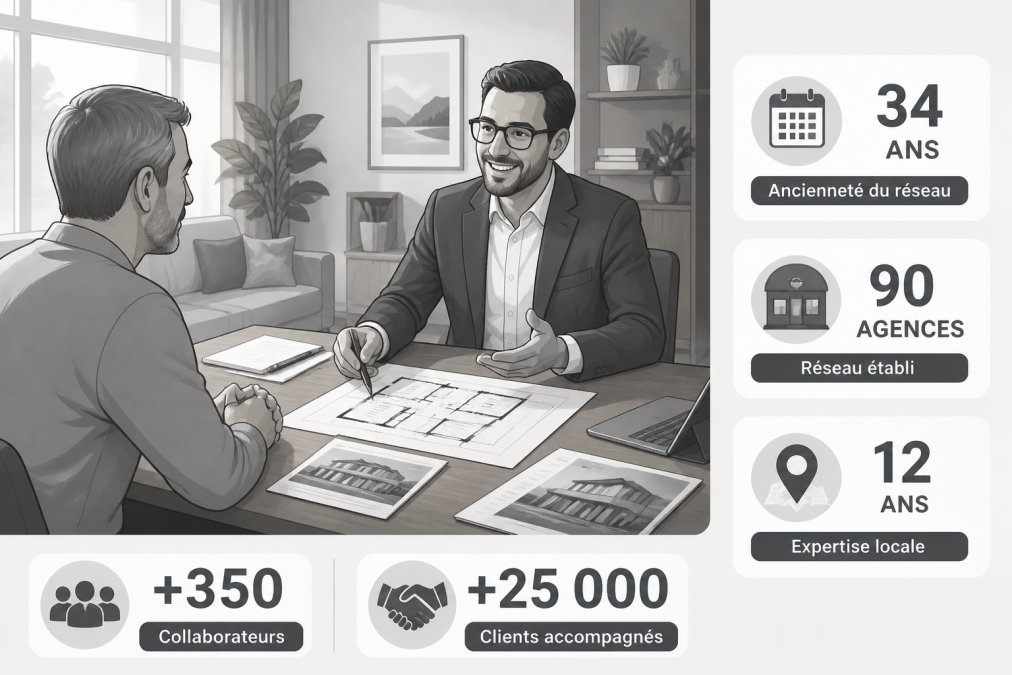 Conseiller immobilier expérimenté en discussion avec un propriétaire dans un salon professionnel, documents et plans immobiliers sur la table en bois, atmosphère chaleureuse avec lumière naturelle
