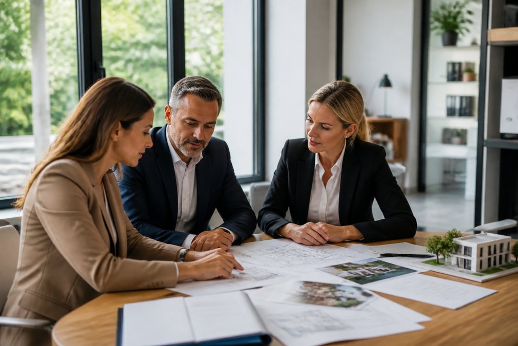 Équipe de trois professionnels immobiliers collaborant autour d'une table avec dossiers, ordinateur portable, plans et documentation de transaction, environnement de bureau moderne avec lumière naturelle