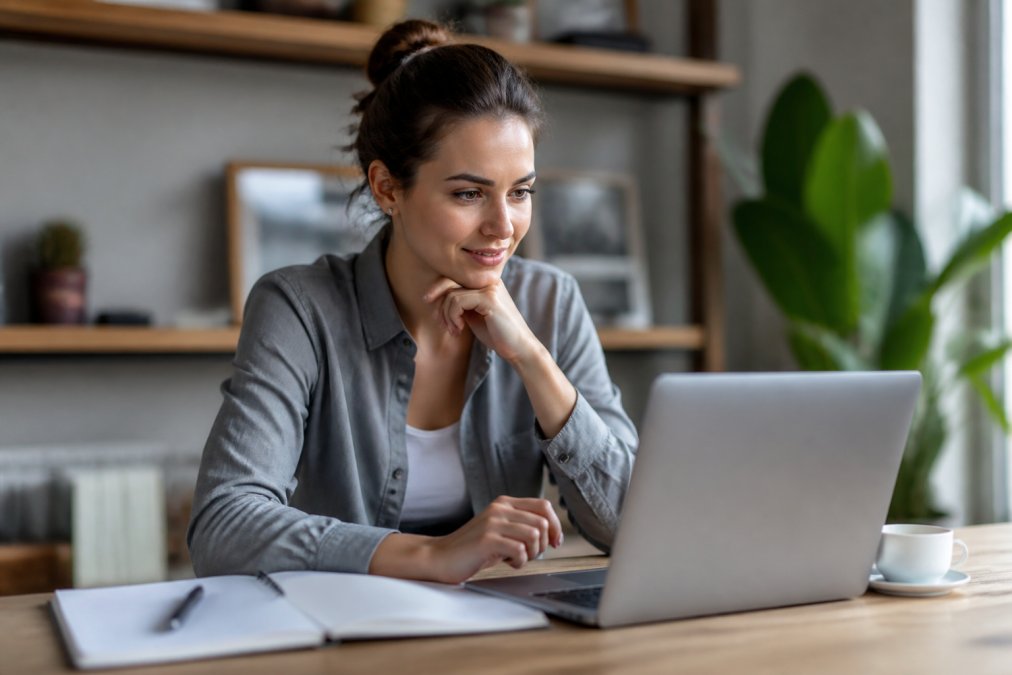 Small business owner at a desk comparing accounting software on a laptop, with a notebook and coffee nearby, looking focused and relieved