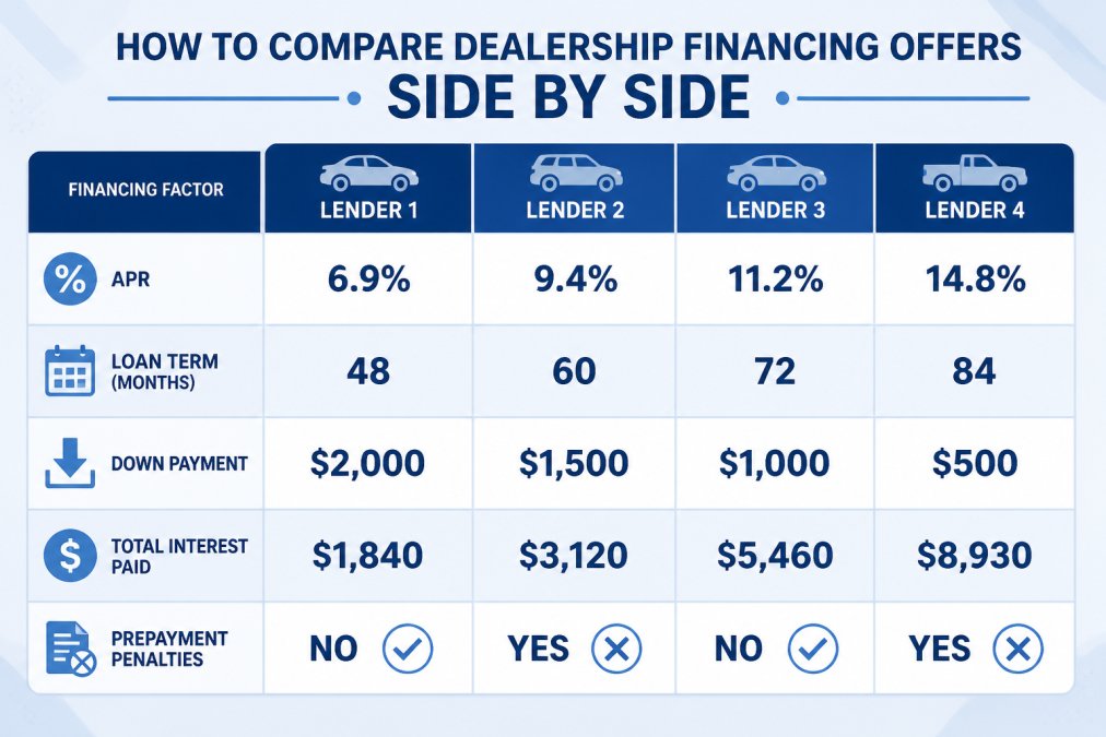 Comparison matrix of financing factors across four lenders: APR of 6.9%, 9.4%, 11.2%, and 14.8%; loan terms of 48, 60, 72, and 84 months; down payments of $2,000, $1,500, $1,000, and $500; total interest paid of $1,840, $3,120, $5,460, and $8,930; and prepayment penalties marked yes or no