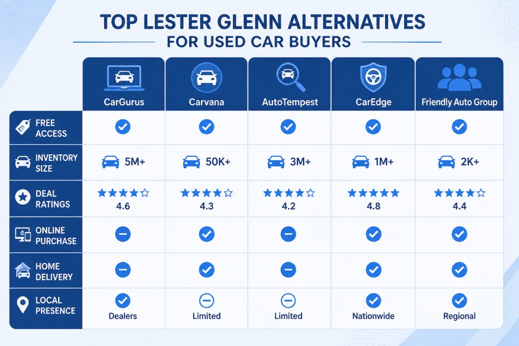 Comparison matrix showing CarGurus vs. Carvana vs. AutoTempest vs. CarEdge vs. Friendly Auto Group with features like free access, inventory size, deal ratings, online purchase, home delivery, local presence