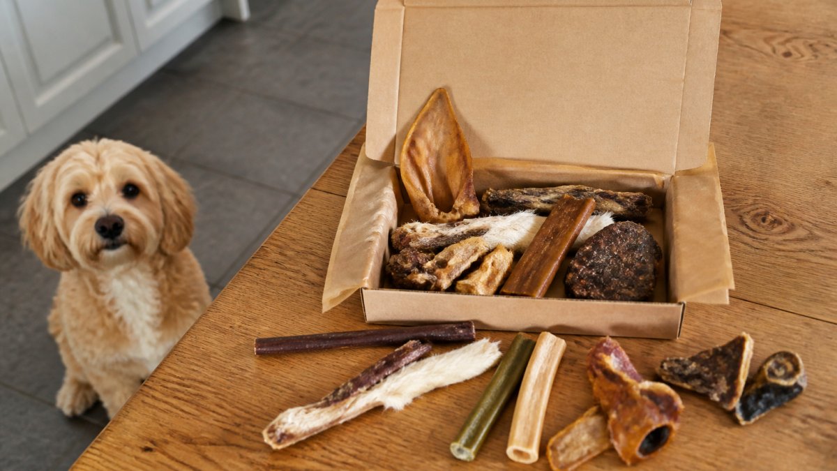 A hand-packed letterbox dog treat box open on a kitchen table, showing a natural rabbit ear, a beef chew stick, a dental stick and other mixed treats arranged around it, with a small dog watching from the floor beside the table