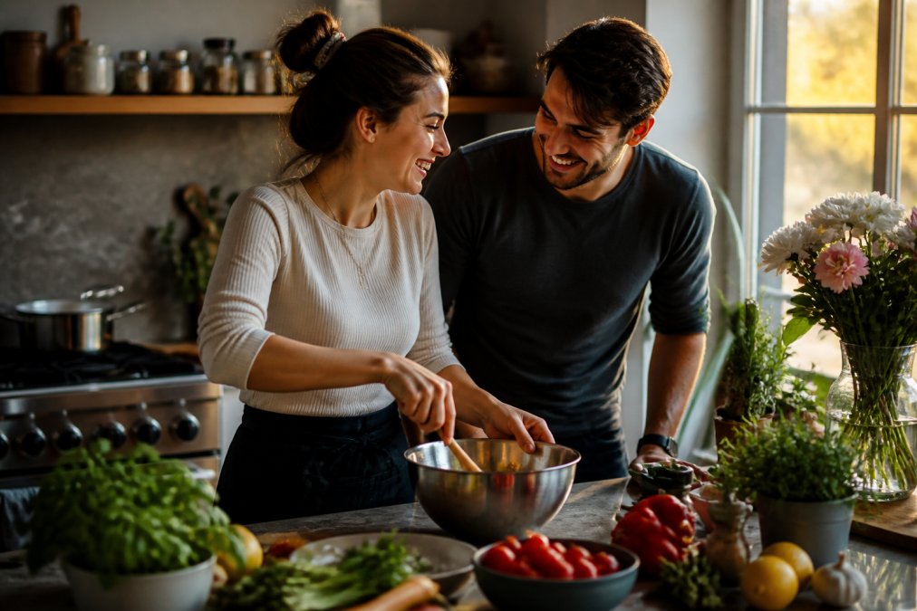 Een jong koppel lachend in een moderne keuken terwijl zij ingrediënten in een kom mengen, warm lamplicht dat door het raam naar binnen valt, een gezellige huiselijke sfeer met bloemen op het aanrecht