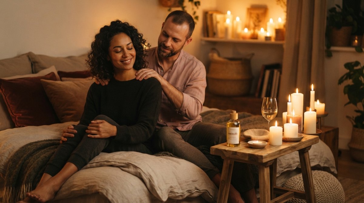 Een koppel in zachte, romantische verlichting met brandende kaarsen op de achtergrond, massageolie op een tafel, zachte texturen en warme gouden tinten die intimiteit en ontspanning uitstralen