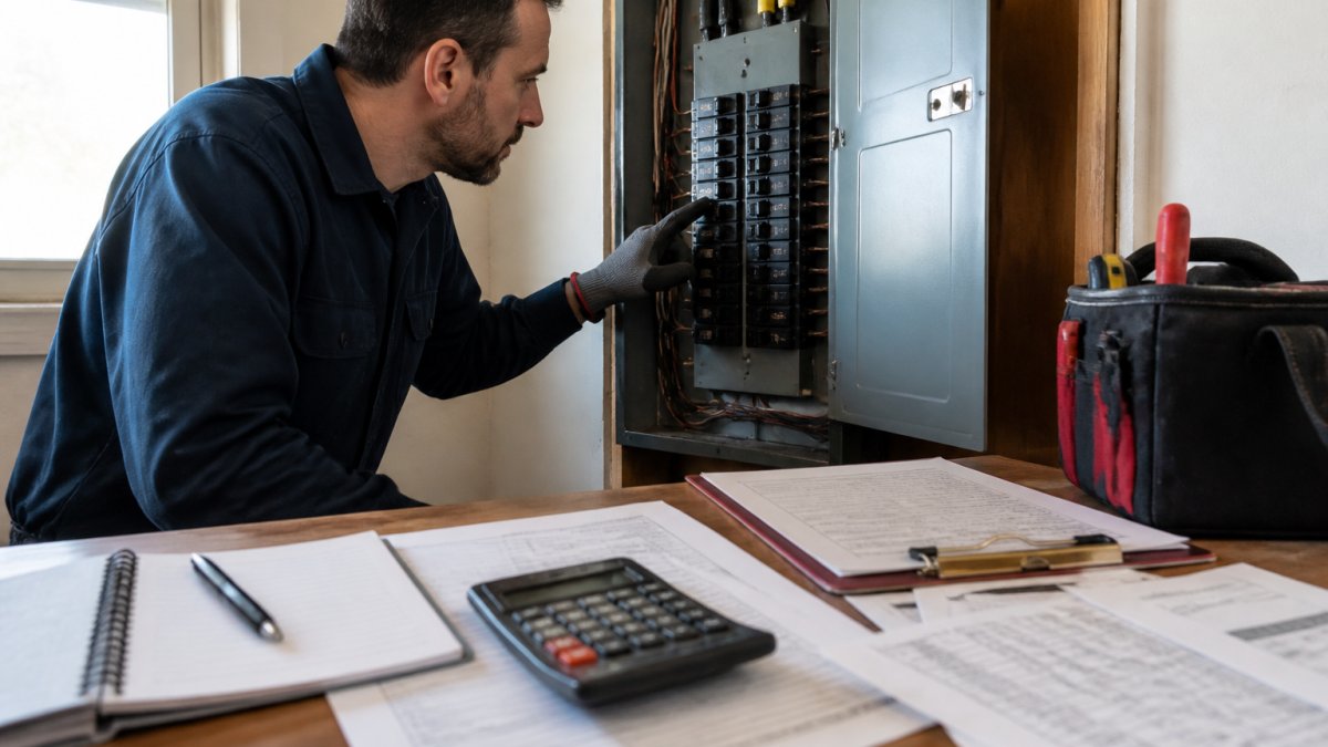 Professional licensed electrician examining electrical panel with circuit breakers, pointing to capacity ratings and checking amperage specifications in a residential home