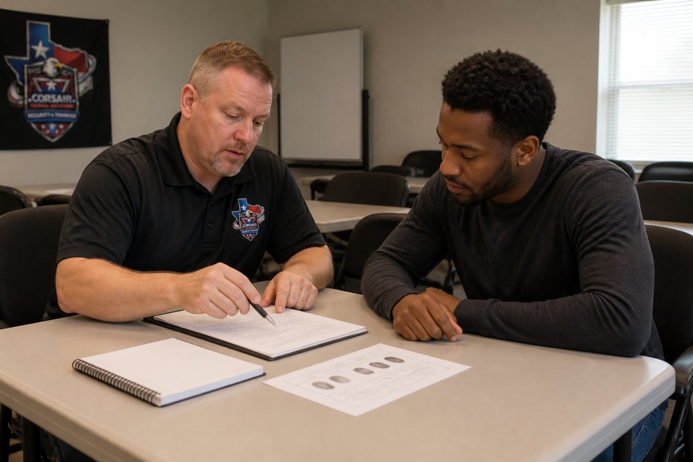 Instructor reviewing paperwork with a student during Level 3 security guard training to illustrate the licensing process.