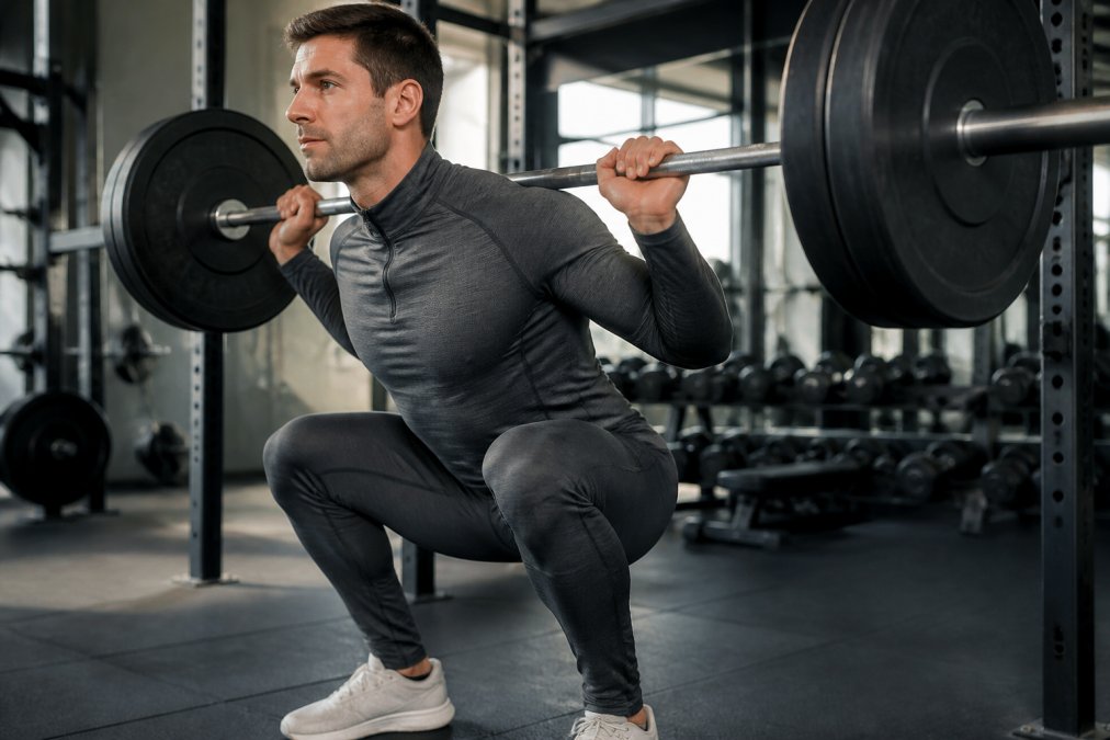 Fit man performing heavy barbell squat in modern gym, wearing moisture-wicking athletic apparel with visible stretch and movement in the fabric, natural gym lighting