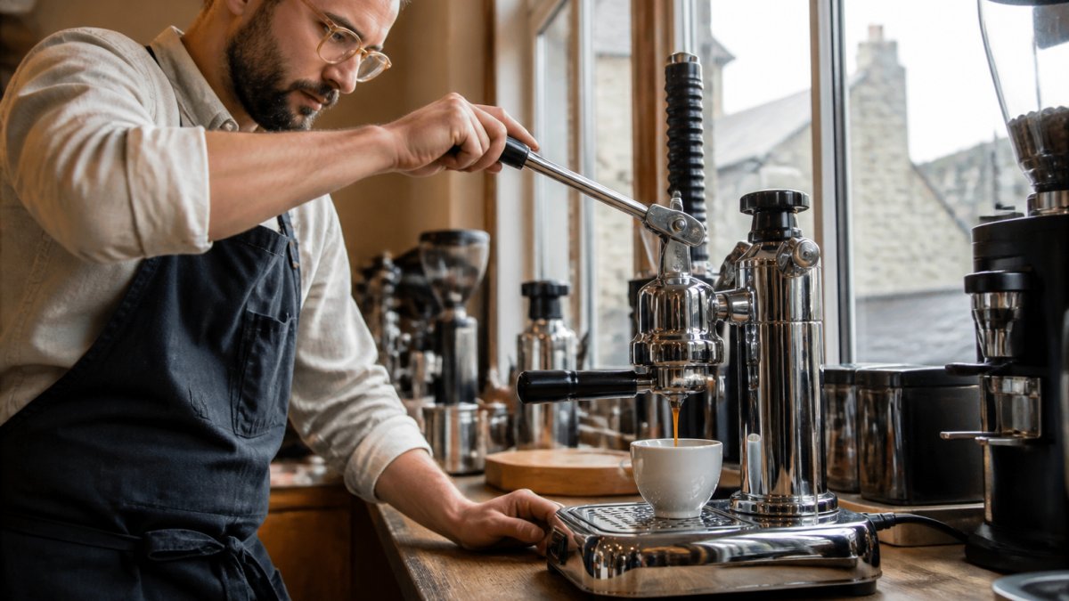 Barista pulling the polished chrome lever of a manual espresso machine as coffee flows into a cup