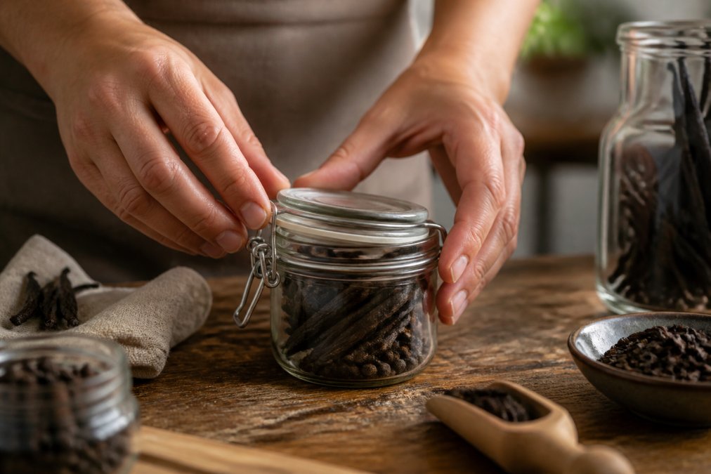 Close-up of hands carefully sealing a small glass jar filled with dark, aromatic vanilla beans and spices on a rustic wooden kitchen table, with soft natural light