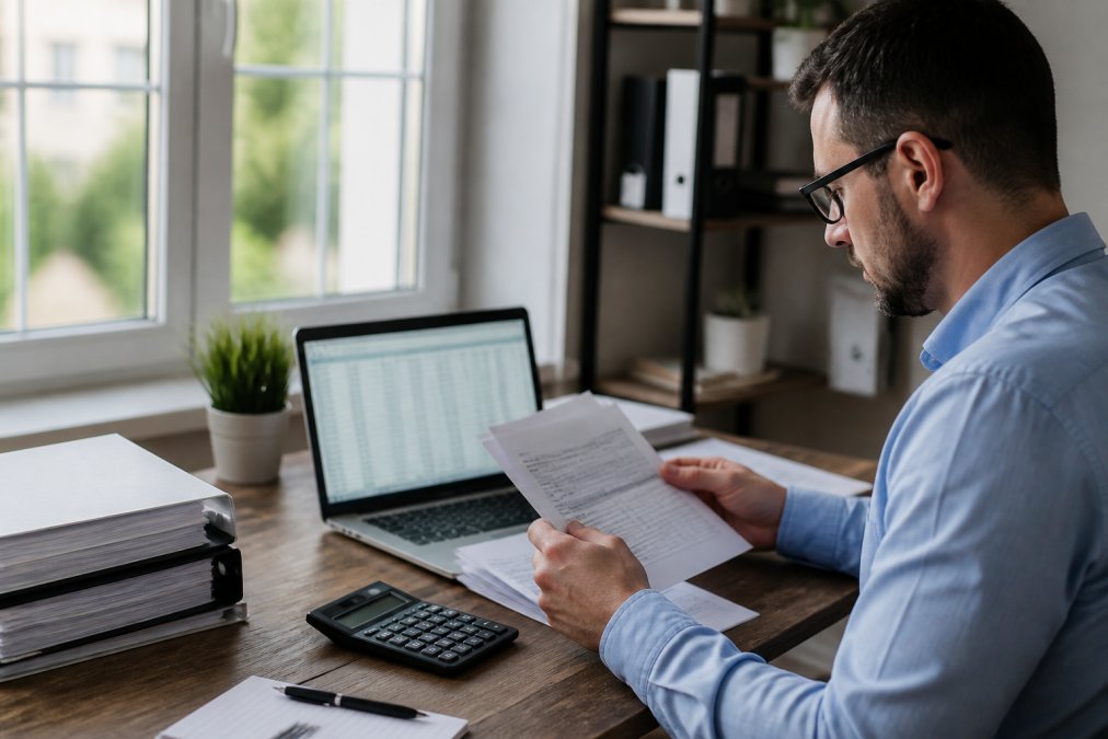 Real estate investor reviewing tax documents and financial statements at a desk with a laptop and calculator, spreadsheets visible on the screen, natural office lighting from window