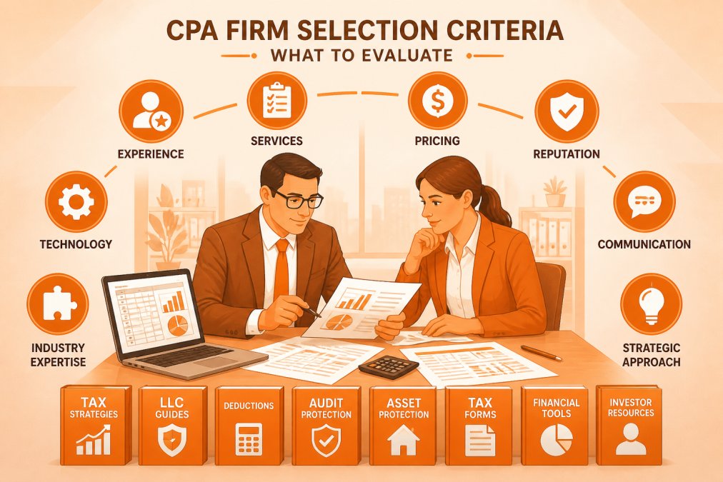 Professional CPA in modern office reviewing financial statements and tax documents with a colleague, discussing strategy over a desk with multiple folders and a laptop showing spreadsheets, professional lighting
