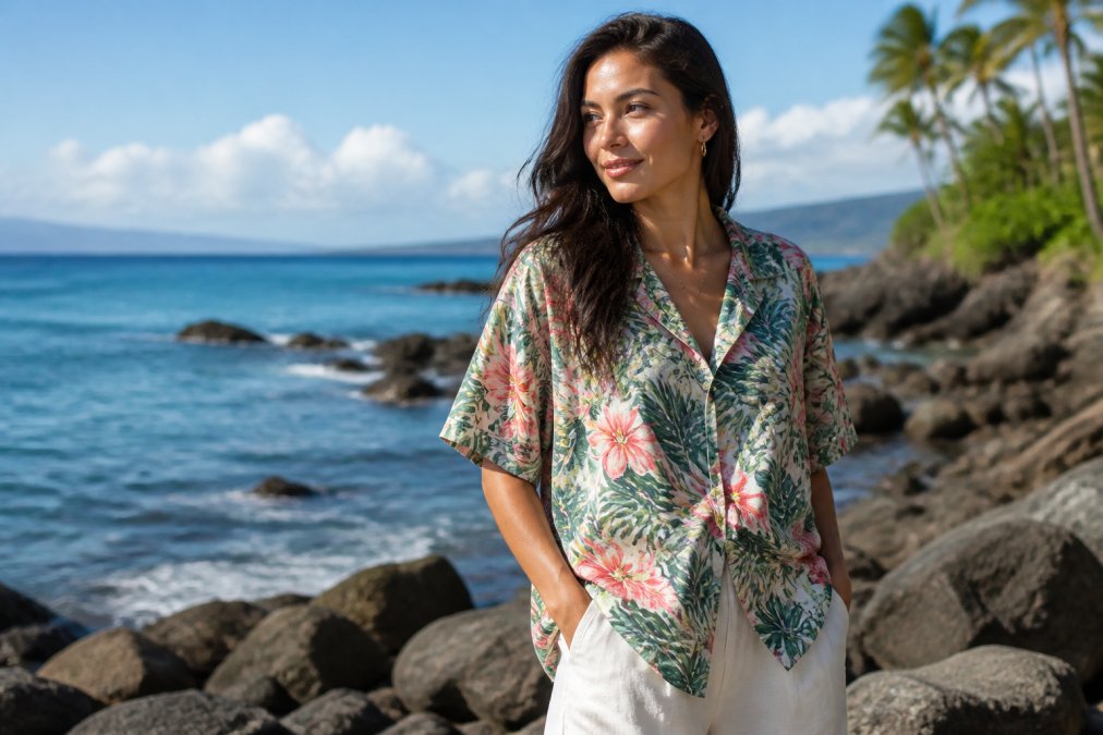 Woman wearing premium aloha shirt in coastal setting, showcasing vibrant botanical print, relaxed fit, and quality fabric drape in natural sunlight